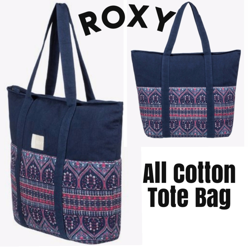 Roxy Folk Singer Navy Blue Patterned All Cotton Zipper Tote Large Beach- Gym Bag